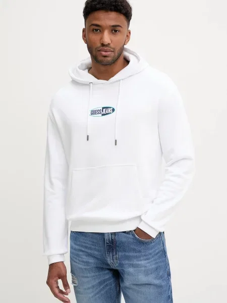 Суичър с качулка Guess Jeans с качулка с апликация бяло