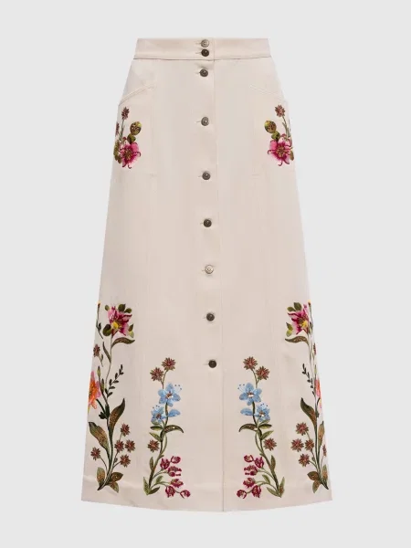 Джинсова спідниця максі з вишивкою Valentino бежева