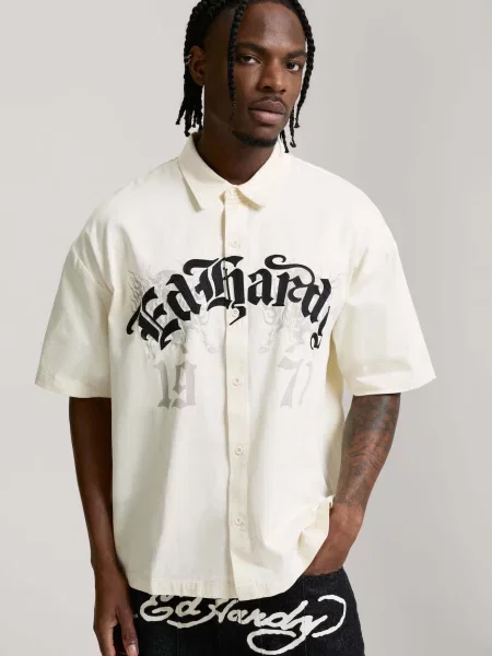 Ed Hardy Cămașă ecru / gri deschis negru
