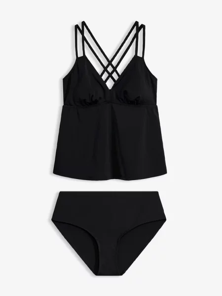 Tankini ze skrzyżowanymi ramiączkami z szybkoschnącego materiału komplet czarny