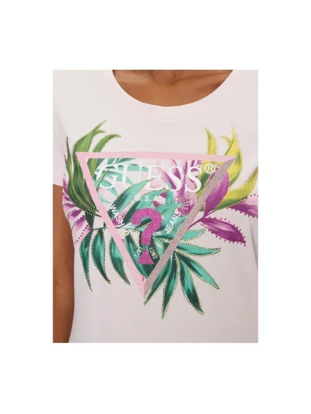 Guess Koszulki Kobieta L Krótki rękaw T-shirt z logo i kryształkami różowy