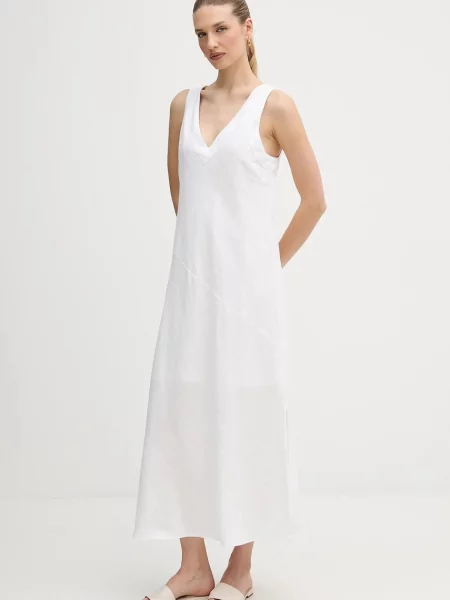 Dkny sukienka lniana maxi rozkloszowana biały