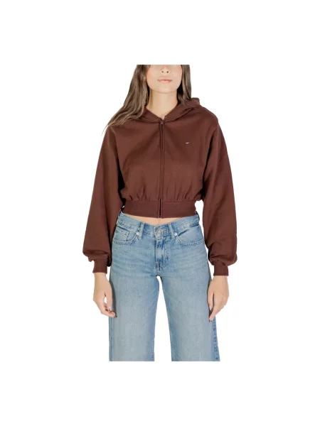Bluza z kapturem Tommy Jeans o skróconej długości brązowa