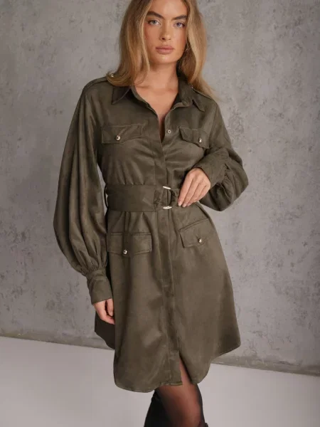 Rochie Utility cu croială de cămașă din piele întoarsă sintetică Wirette închis verde
