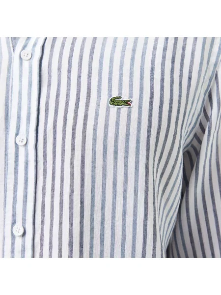 Lacoste Lniana Koszula W Paski Regular Fit Ciemnoniebieska niebieski