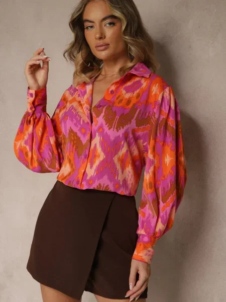 Bluză Fucsia Lejeră cu Model Etno și Mâneci Bufante Kaelith roz