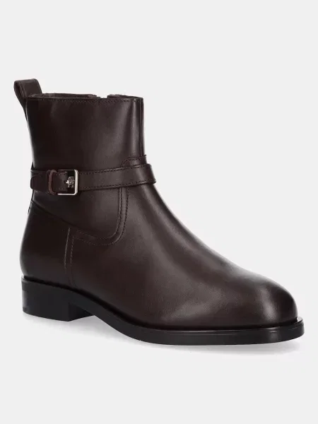Kožne gležnjače Tommy Hilfiger TH BUCKLE RIDING LEATHER BOOTIE ravni potplat smeđa