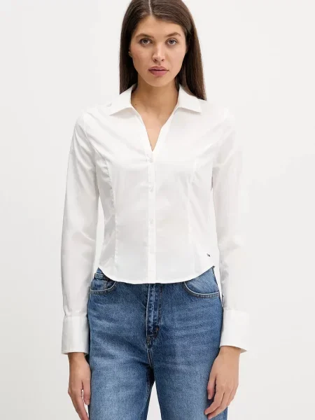 Tommy Jeans cămașă bej cu guler clasic slim alb