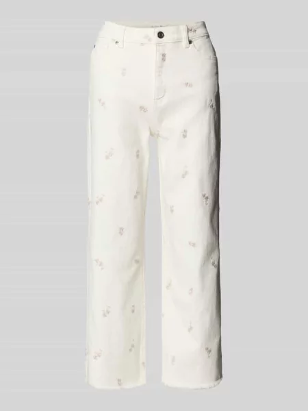 Jeansy z prostą nogawką z haftem i postrzępioną krawędzią Christian Berg Woman białe