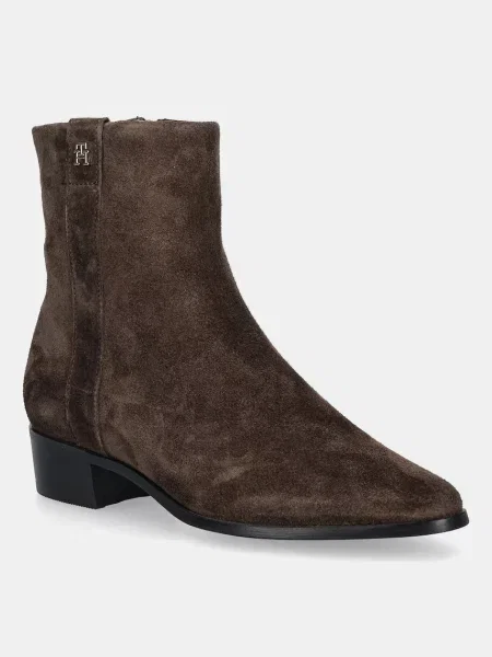 Велурени боти Tommy Hilfiger TH SUEDE POINTY ZIP BOOTIE кафяво