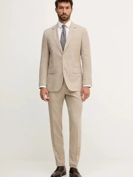 Костюм от вълна BECKHAM x BOSS с меланжов десен бежово