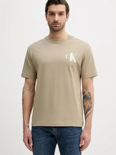 T-shirt z nadrukiem z logo i okrągłym dekoltem Calvin Klein Jeans beżowa