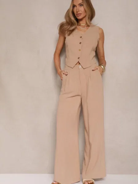 Ciemnobeżowy Garniturowy Komplet z Lnu i Kamizelka i Szerokie Spodnie Evialora beżowa
