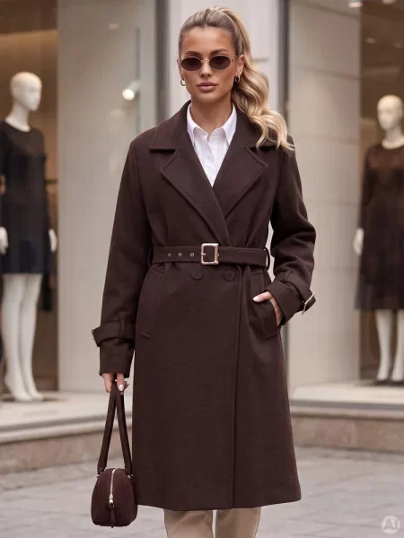 Płaszcz elegancki taliowany z paskiem Dstreet brązowy