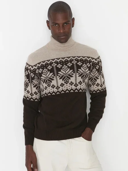 Pulover Trendyol din jacard maro