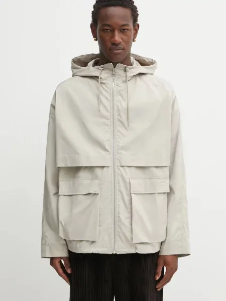 Maison Kitsuné geacă Hooded Zipped Windbreaker de tranziție oversize bej
