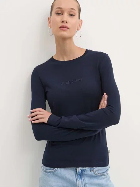 Majica z dolgimi rokavi Guess Jeans modra