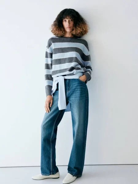 Sweter w pasy okrągły dekolt Kobieta L MANGO błękitny