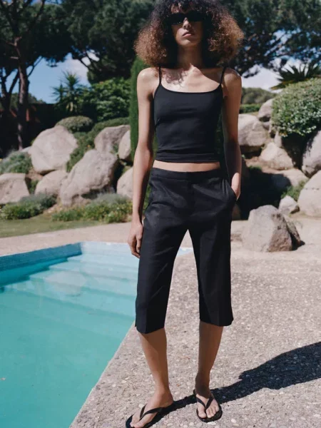 Spodnie lniane capri Kobieta 38 MANGO czarny
