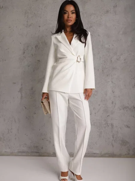 Costum cu sacou plisat croială ajustată și pantaloni drepți Cetillis alb