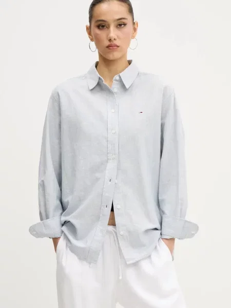 Košulja s dodatkom lana Tommy Jeans za žene regular s klasičnim ovratnikom siva