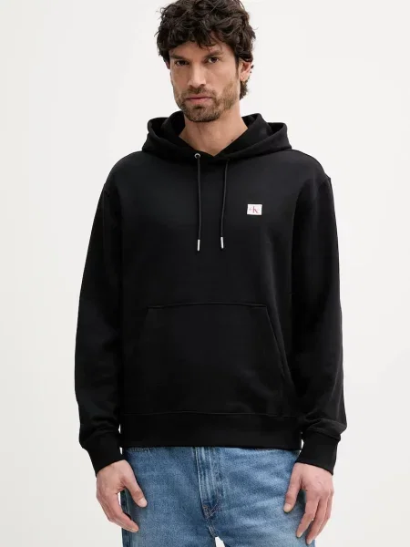 Dukserica Calvin Klein Jeans s kapuljačom bez uzorka crna