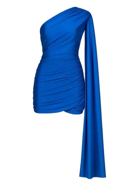 Rochie mini Room76 drapată cu un umăr gol de costum albastru