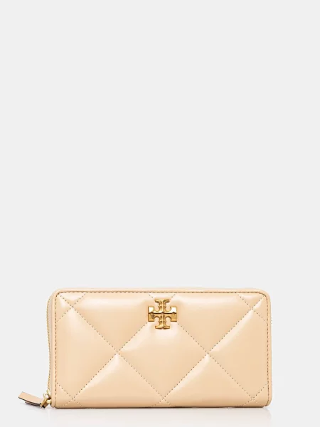 Кожен портфейл Tory Burch Kira Diamond Quilt бежово