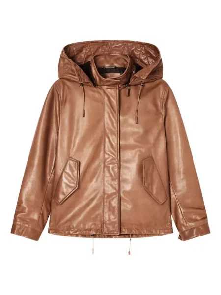 Palton Giorgio Armani din piele cu glugă maro