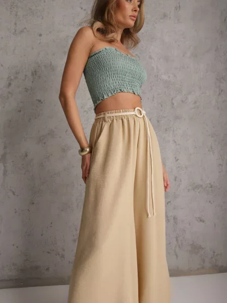 Spodnie Typu Palazzo High Waist Ozdobione Paskiem Sznurkiem Alemea beżowe