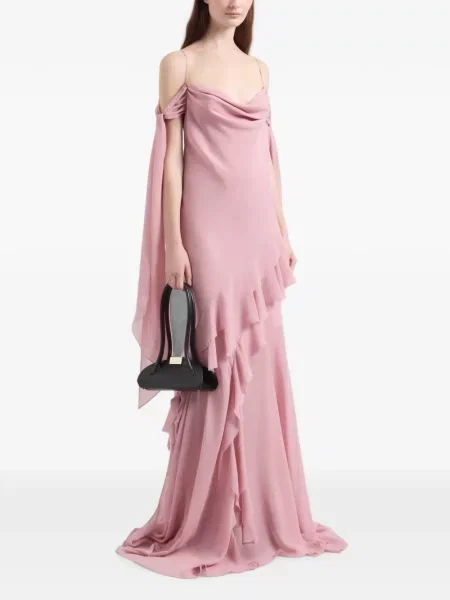 Rochie maxi Nina Ricci de mătase cu volane roz