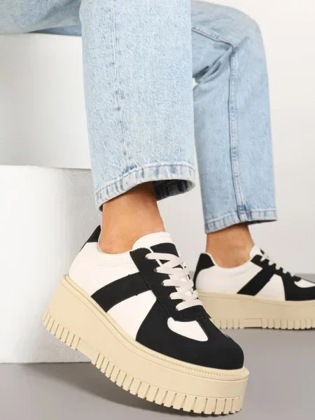 Czarno-Beżowe Sneakersy Typu Tenisówki na Żłobionej Platformie Lorreia czarne
