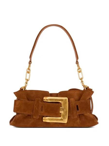 Geantă plic Balmain din piele de căprioară cu cataramă maro