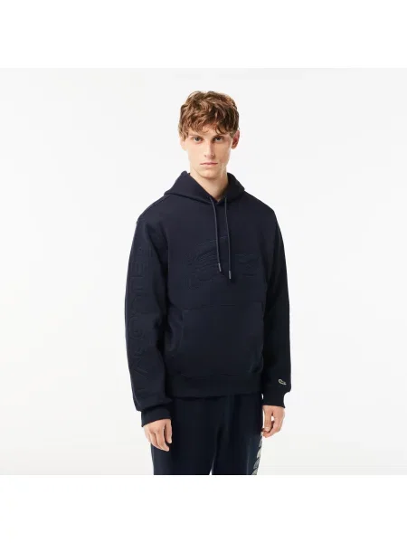 Lacoste Bluza Z Kapturem Z Nadrukiem Relaxed Fit czarna