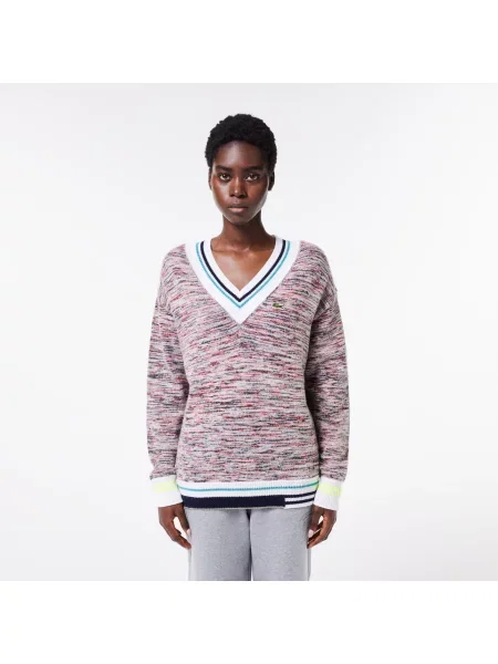 Lacoste Sweter Z Wełny Alpaki Z Dekoltem W Serek I W Kontrastowe Paski