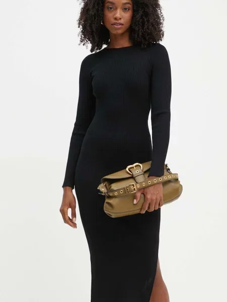 Lniana torebka skórzana Pinko zielona