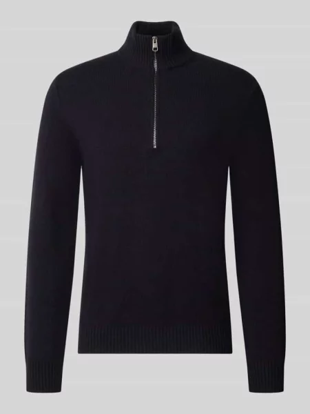 Sweter z dzianiny o kroju regular fit z kołnierzem zapinanym Cinque granatowy