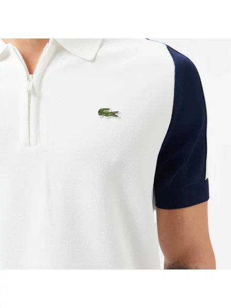 Lacoste Sweter Z Krótkim Rękawem Half Zip Z Blokadą Koloru biały