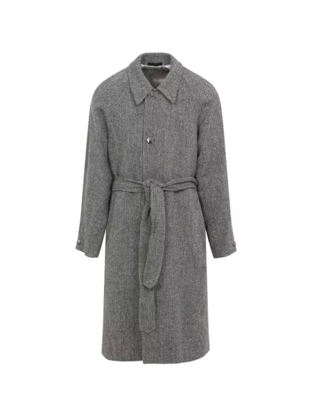 Cu centură palton Paul Smith din tweed cu model herringbone maro