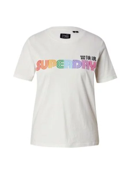 Superdry Tricou ecru / verde / portocaliu roșu