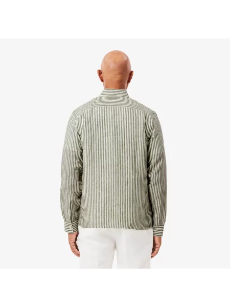 Lacoste Lniana Koszula W Paski Regular Fit zielona