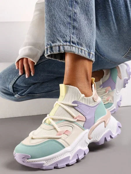 Fioletowo-Zielone Sneakersy w Skarpetkowym Stylu z Elastycznym Wiązaniem i Tłoczoną Podeszwą Ielene zielone