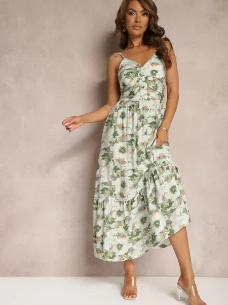 Rochie bej-verde cloș cu bretele cu șlițuri accesorizată cu Dimline bej