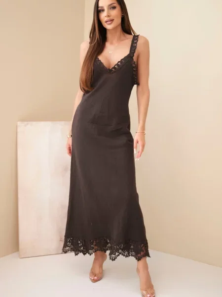 Rochie maxi Kesi Włoski din dantelă maro