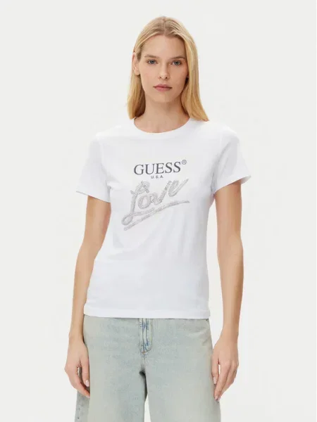 T-shirt z obszyciem z kamieni stras Guess biała