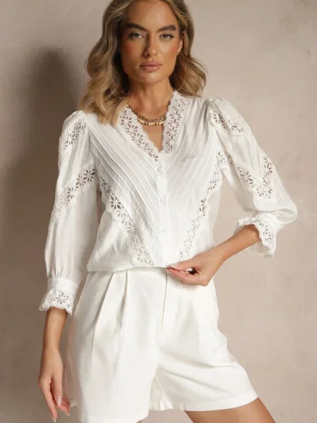 Cămașă din cu Mâneci Decorată cu Dantelă și Falduri la Manșete Waerata albă