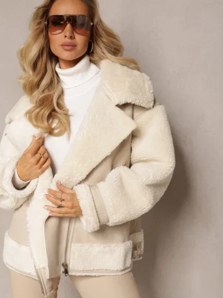 Geacă Ramones în deschis cu blană sintetică Mysteri bej