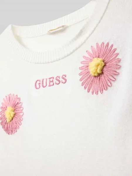 Bluzka z długim rękawem o kroju regular fit z imitacji dzianiny z ozdobnymi kwiatowym obszyciem Guess