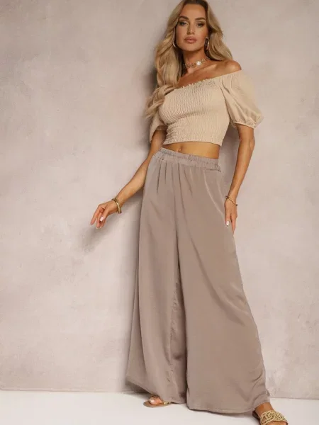 Ciemnobeżowe Spodnie Szerokie High Waist Rissalene beżowe