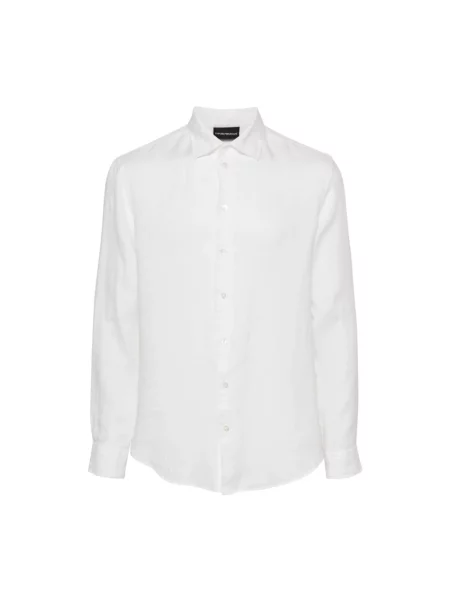 Lniana koszula Emporio Armani z kołnierzem z logo biała